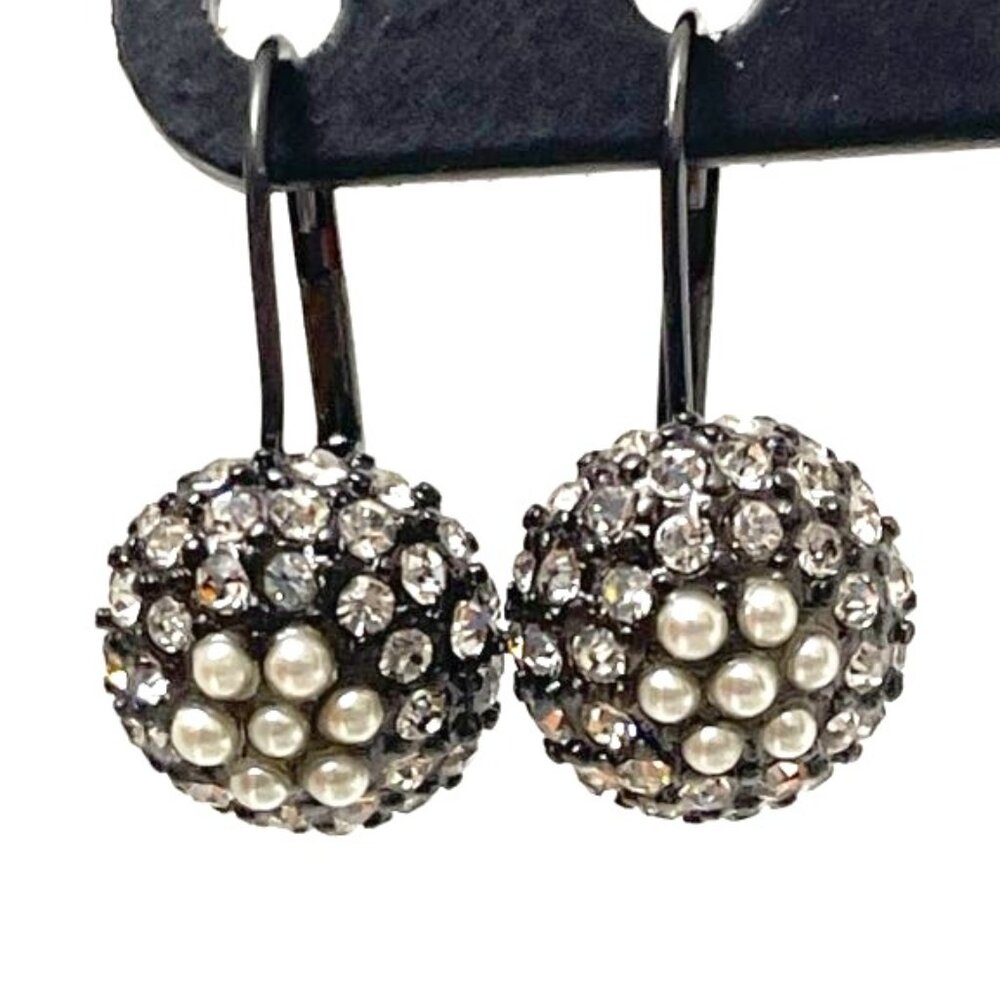 Rhinestone & Faux Pearl Earrings Graphite Toned Lever Back Bling Drop Dangle